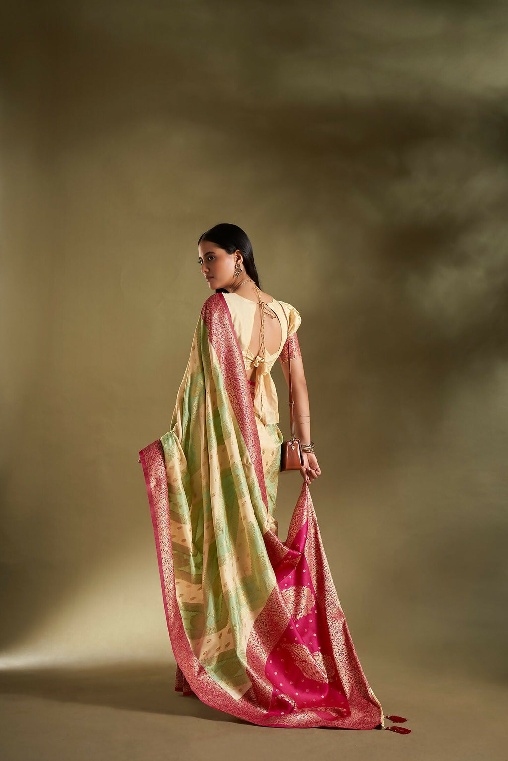 Joban Fashion Cream & Sea Green Plain With Weaving Border Banarasi Silk Sarees | Grocsy