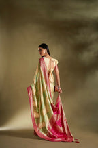 Joban Fashion Cream & Sea Green Plain With Weaving Border Banarasi Silk Sarees | Grocsy