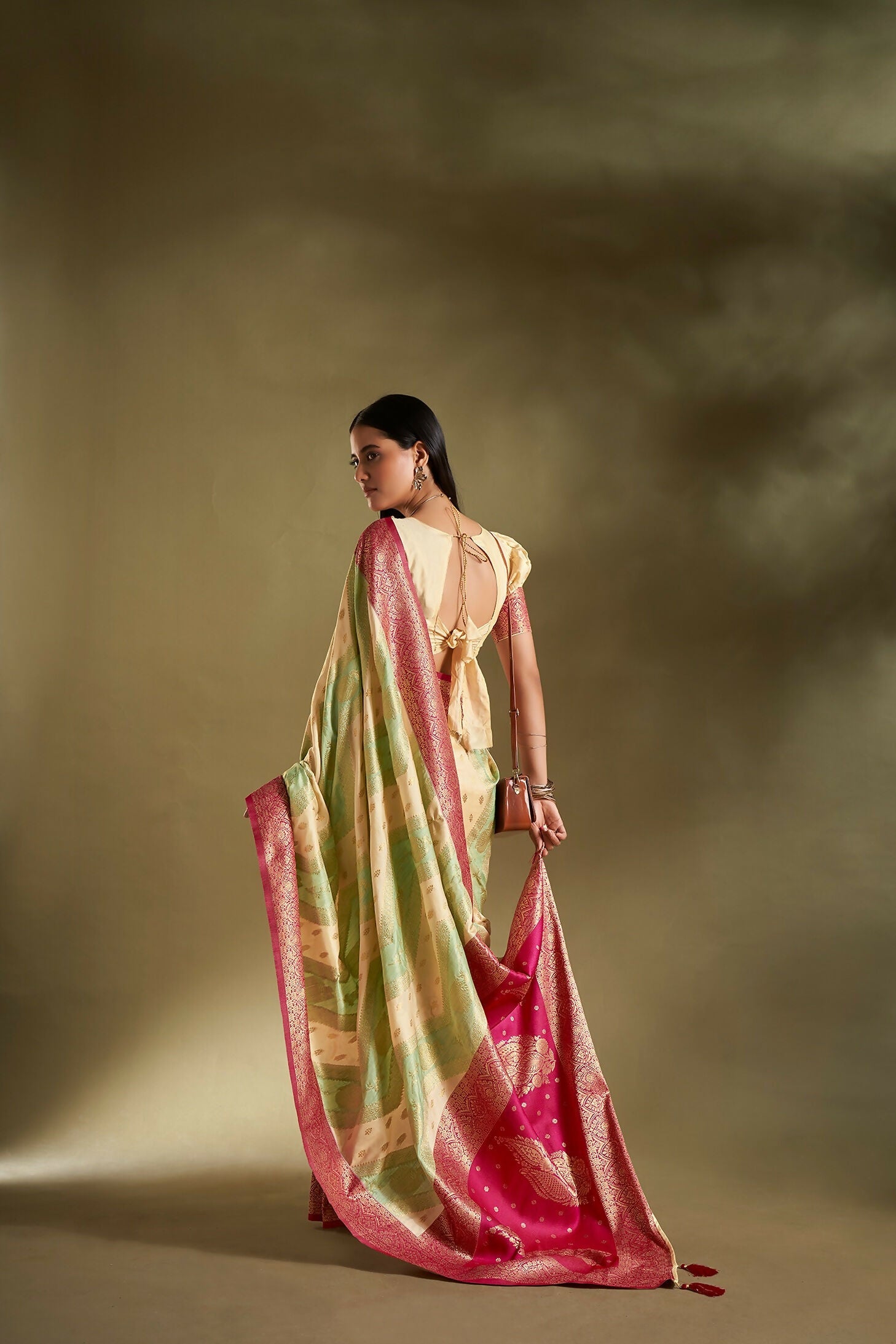 Joban Fashion Cream & Sea Green Plain With Weaving Border Banarasi Silk Sarees | Grocsy