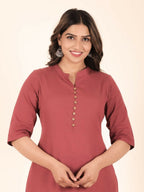 Aramya Pink Linen Cotton Solid Print Straight Kurta Set for Women | Grocsy