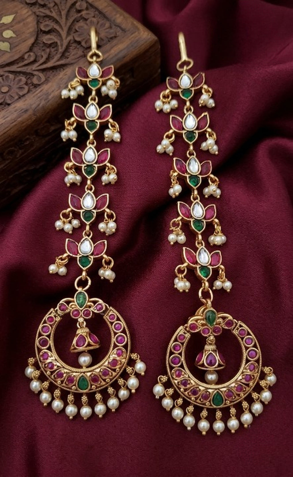 Jewel City Gold Kemp Earrings With Matal Chain For Temple & Bridal Wedding Earrings | Grocsy