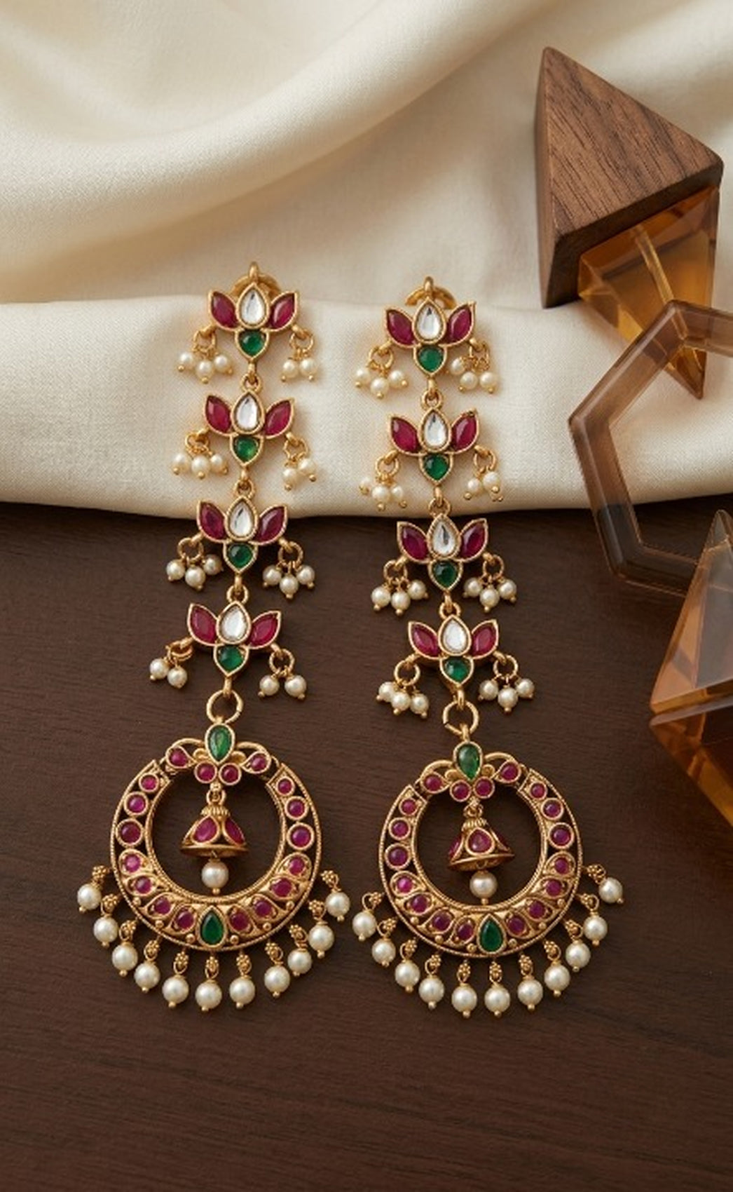 Jewel City Gold Kemp Earrings With Matal Chain For Temple & Bridal Wedding Earrings | Grocsy