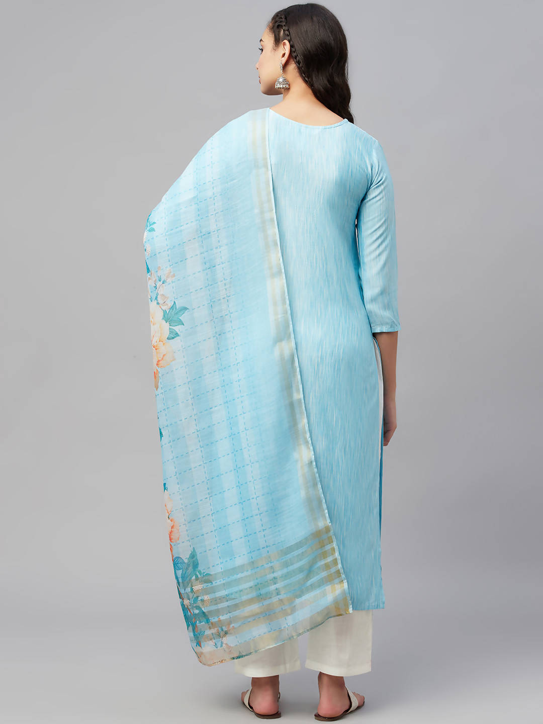 Myshka Turquoise Embroidered 3/4 Sleeve Round Neck Kurta Pant Dupatta Set | Grocsy