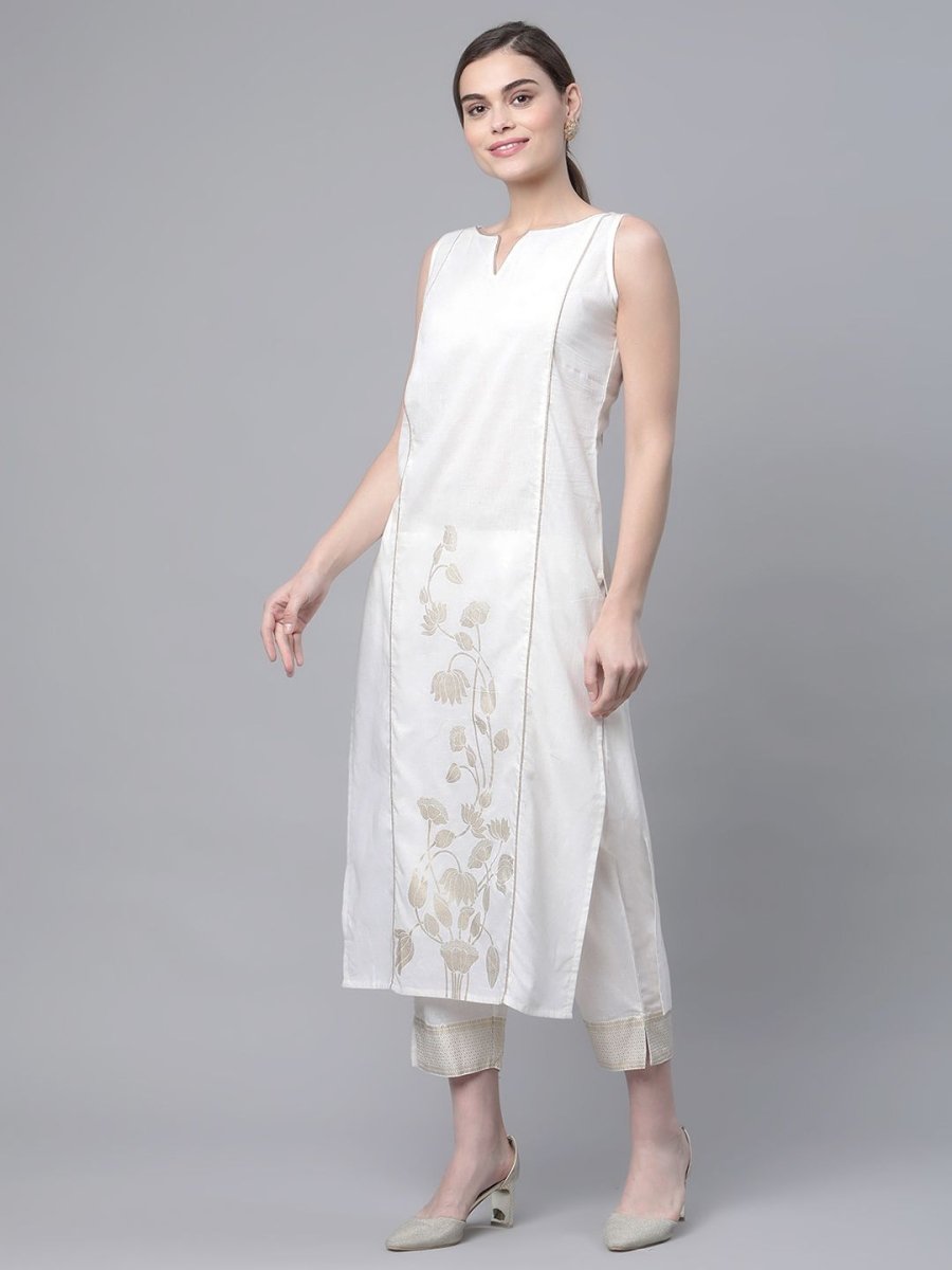 Ahalyaa Women Off White Pure Cotton Printed Kurta with Trousers | Grocsy