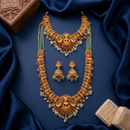 Jewel City Temple Jewelry Combo Set With Choker, Long Necklace & Jhumkas For Weddings | Grocsy