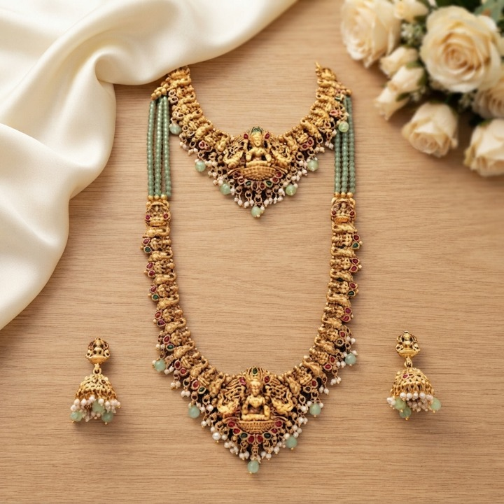 Jewel City Temple Jewelry Combo Set With Choker, Long Necklace & Jhumkas For Weddings | Grocsy
