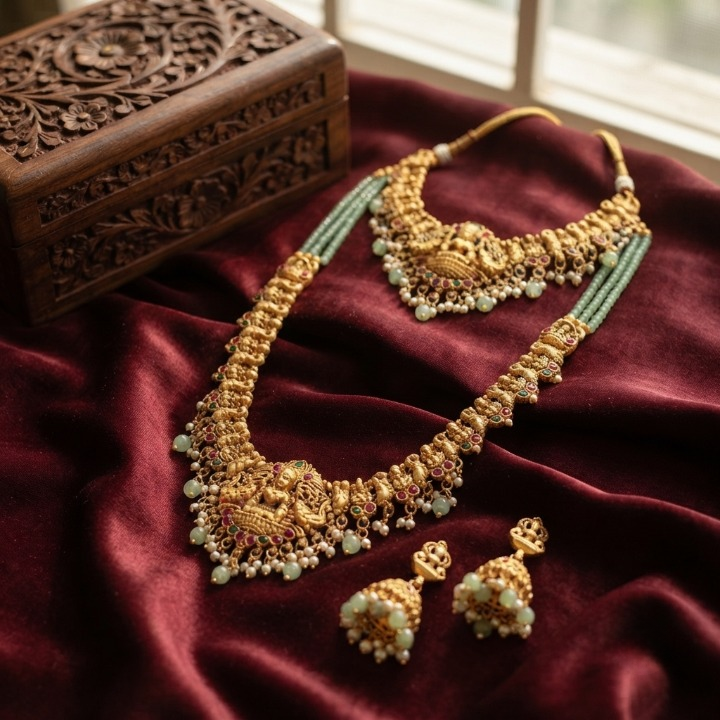 Jewel City Temple Jewelry Combo Set With Choker, Long Necklace & Jhumkas For Weddings | Grocsy