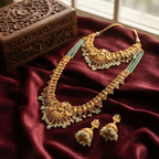 Jewel City Temple Jewelry Combo Set With Choker, Long Necklace & Jhumkas For Weddings | Grocsy