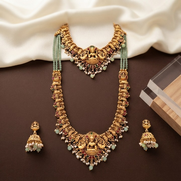 Jewel City Temple Jewelry Combo Set With Choker, Long Necklace & Jhumkas For Weddings | Grocsy