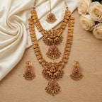 Jewel City South Indian Temple Jewelry Set: Lakshmi Long Haram, Choker, Earrings & Maang Tikka Bridal Set | Grocsy