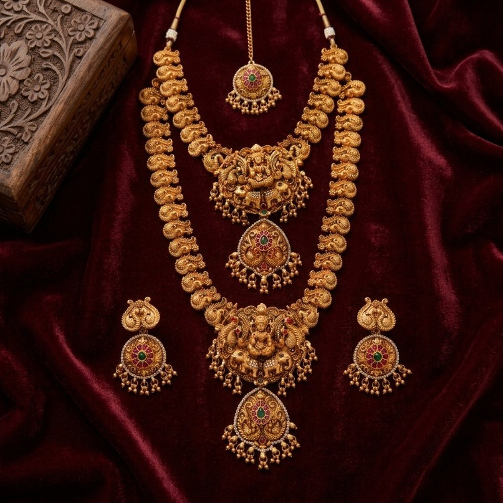 Jewel City South Indian Temple Jewelry Set: Lakshmi Long Haram, Choker, Earrings & Maang Tikka Bridal Set | Grocsy