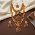 Jewel City South Indian Temple Jewelry Set: Lakshmi Long Haram, Choker, Earrings & Maang Tikka Bridal Set | Grocsy