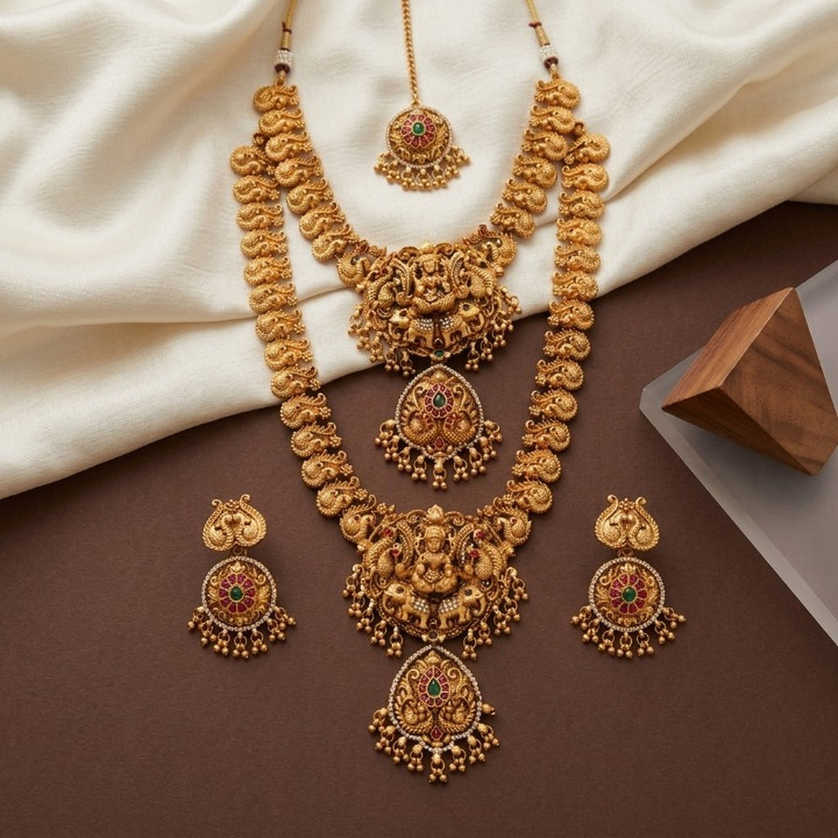 Jewel City South Indian Temple Jewelry Set: Lakshmi Long Haram, Choker, Earrings & Maang Tikka Bridal Set | Grocsy