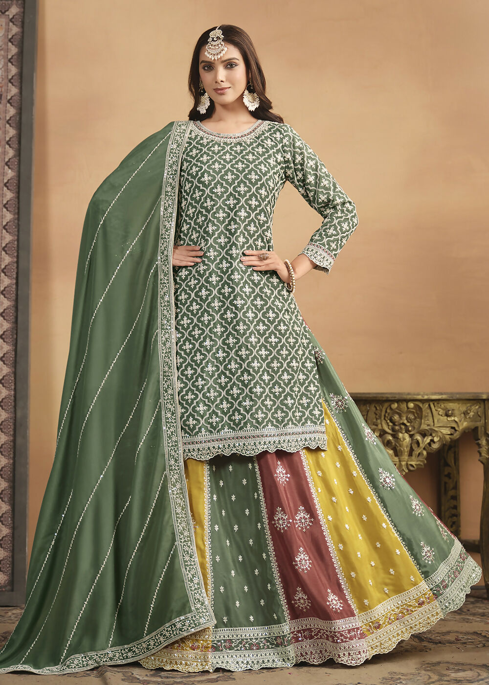 Chinnon Green Multicolor Embroidered Lehenga Style Suit - Emponline | Grocsy