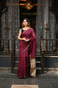 Very Much Indian VMI Exclusive Designer! Handloom Cotton Silk Saree With Sleek Golden Border - Maroon Shade | Grocsy