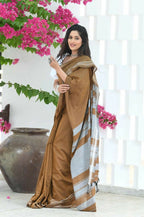 Beatitude Brown Cotton Handloom Saree | Grocsy