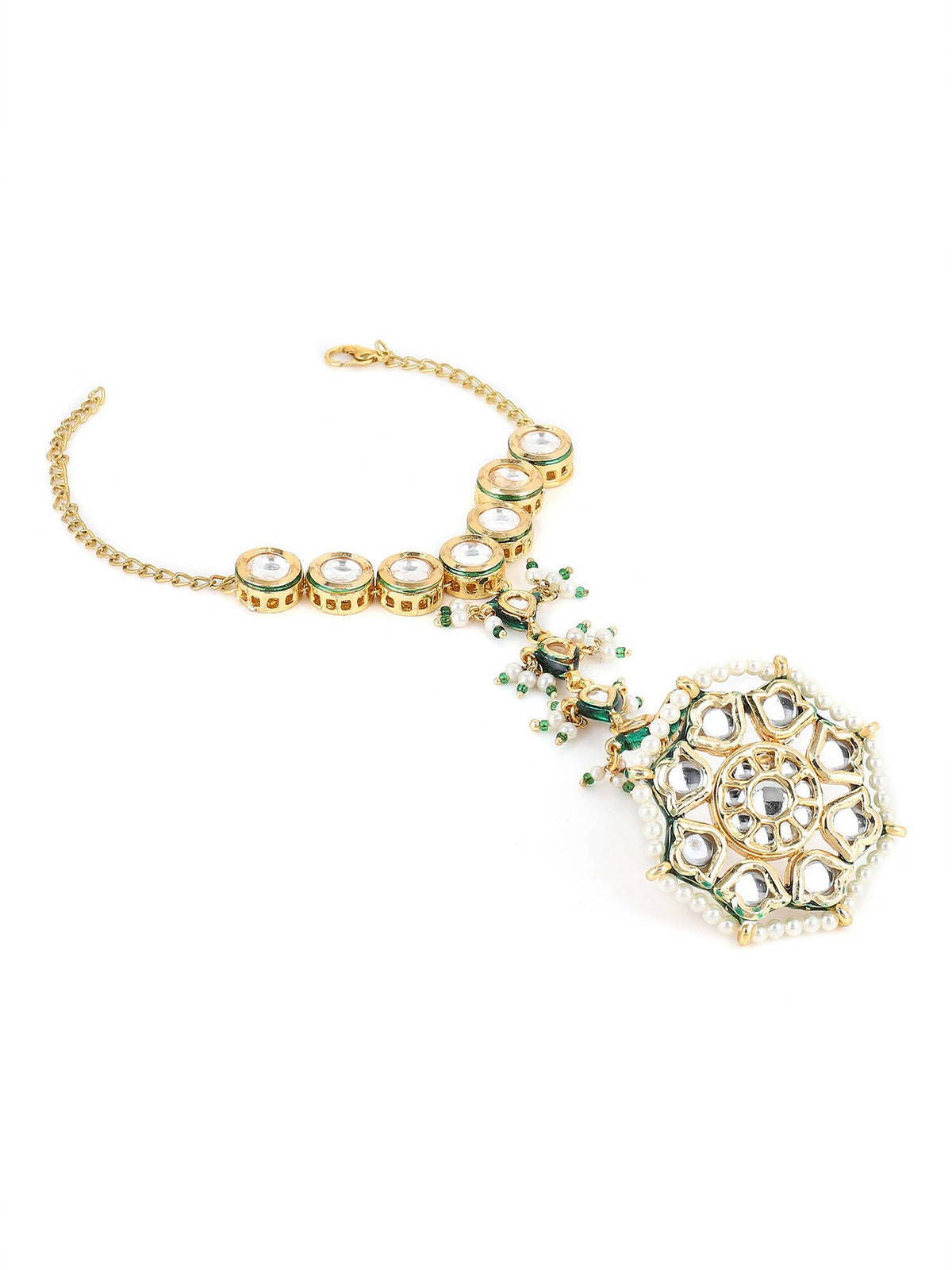 Women's Gold-Toned White Brass Kundan Gold-Polished Link Bracelet - Ruby Raang | Grocsy