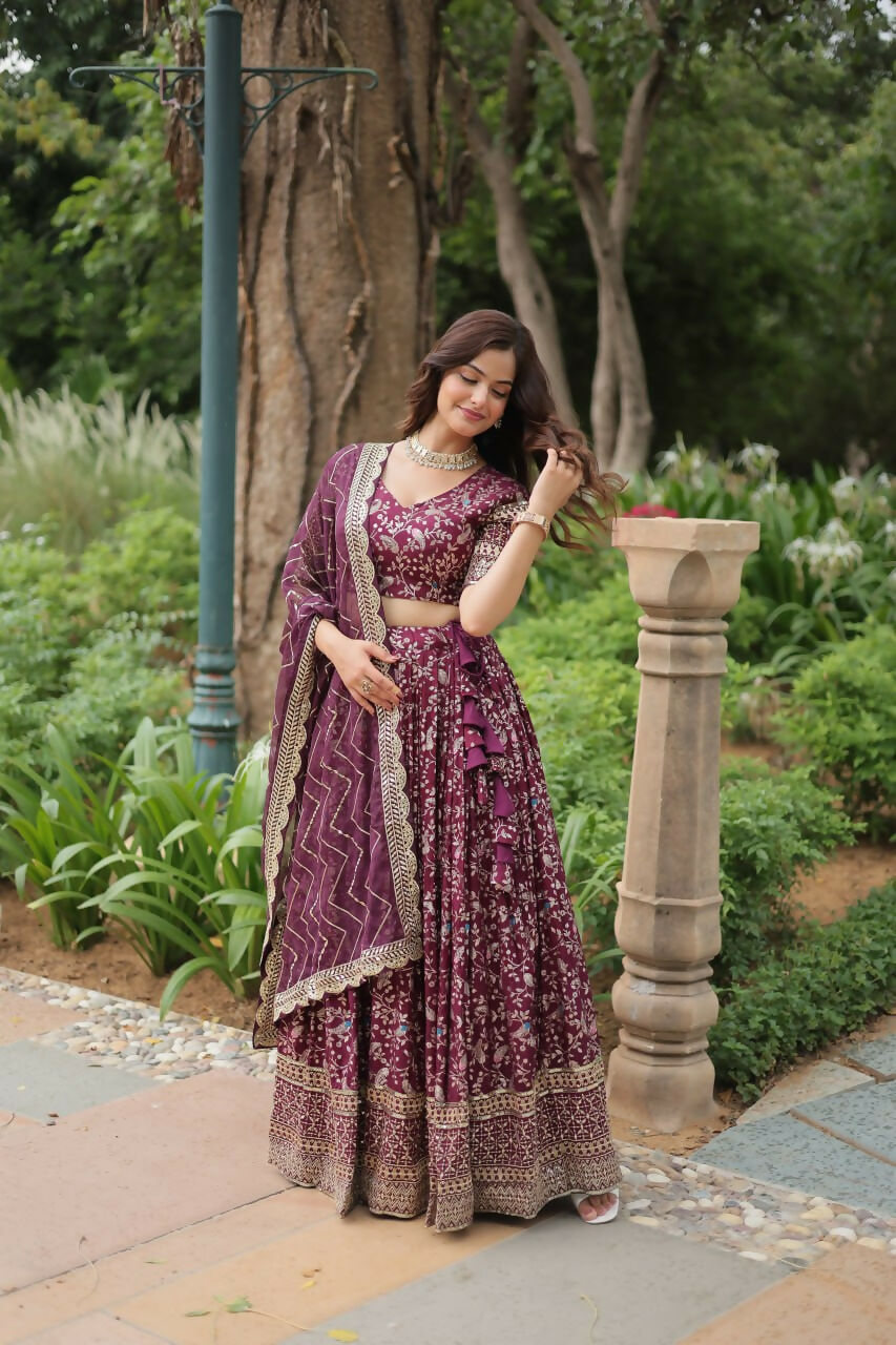 Lorenvalley Wine Pure Viscose Jacquard with Golden Embroidered Sequins work Lehenga Choli | Grocsy