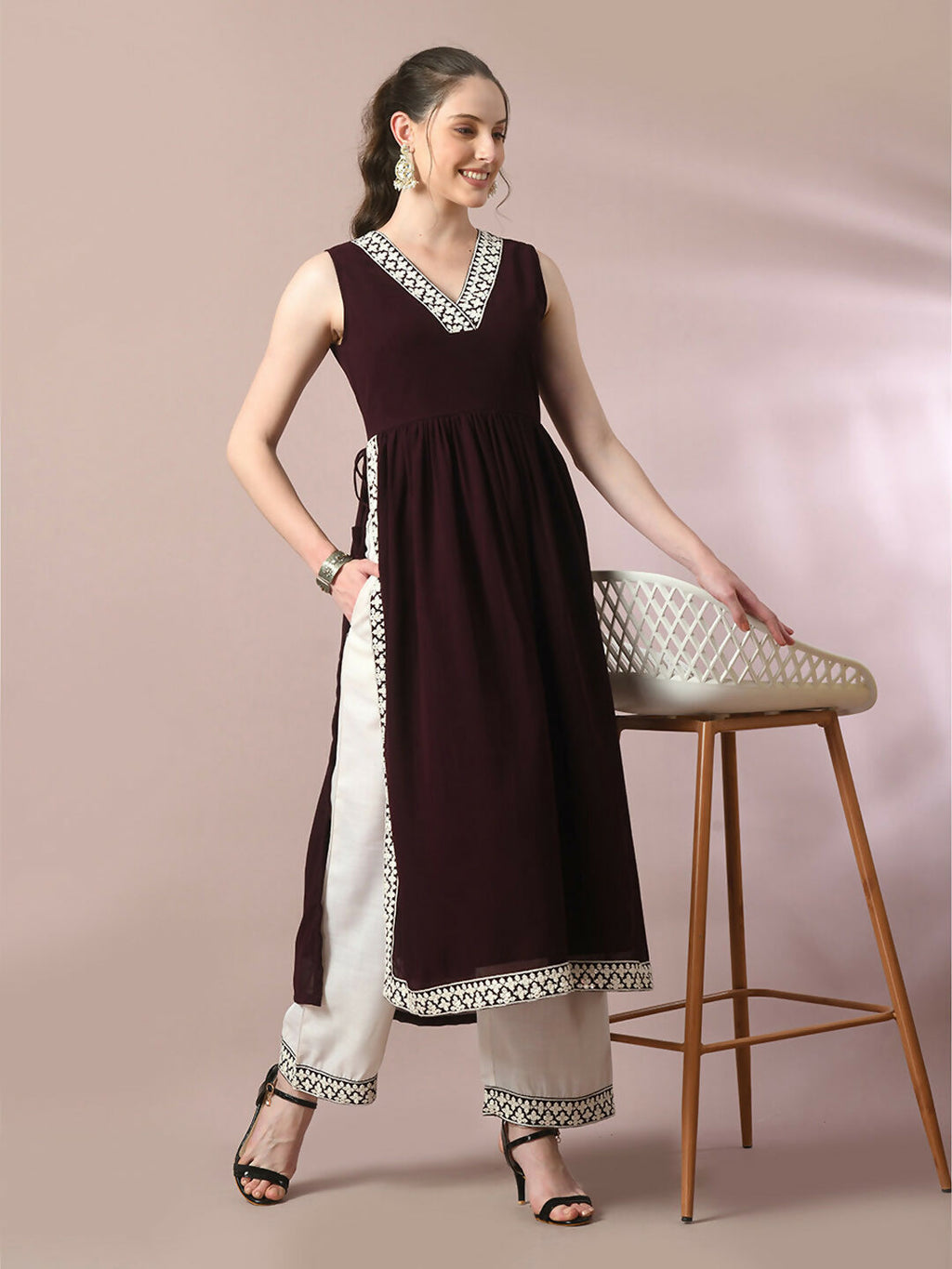 Myshka Women's Coffee Brown Solid Georgette Anarkali Party Kurta Set | Grocsy