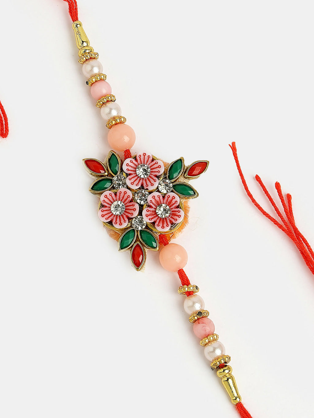 NVR Men Pink Floral Shape Stone-Studdded & Beaded Rakhi With Roli Chawal | Grocsy