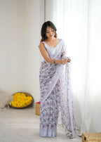 PR Fashion Light_Purple Bright Moss Satin Patta Printed Saree | Grocsy