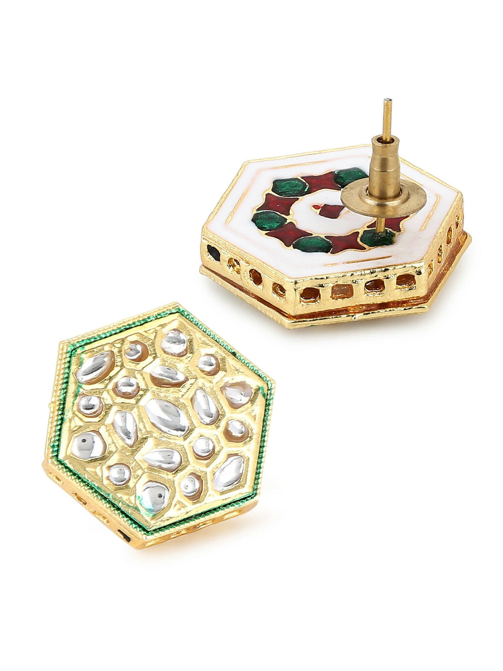 Gold-Toned White Kundan Contemporary Gold-Polished Studs Earrings - Ruby Raang | Grocsy