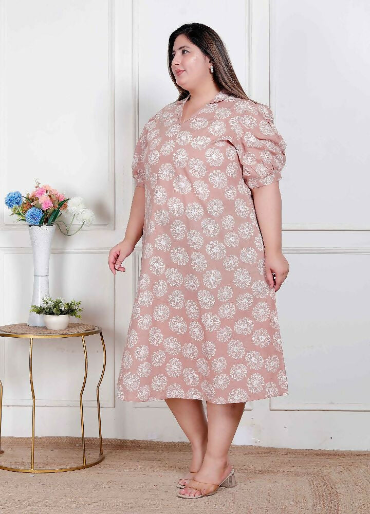Miravan Plus Size Womens Puff Sleeve Pure Cotton Printed Maxi Dress | Grocsy
