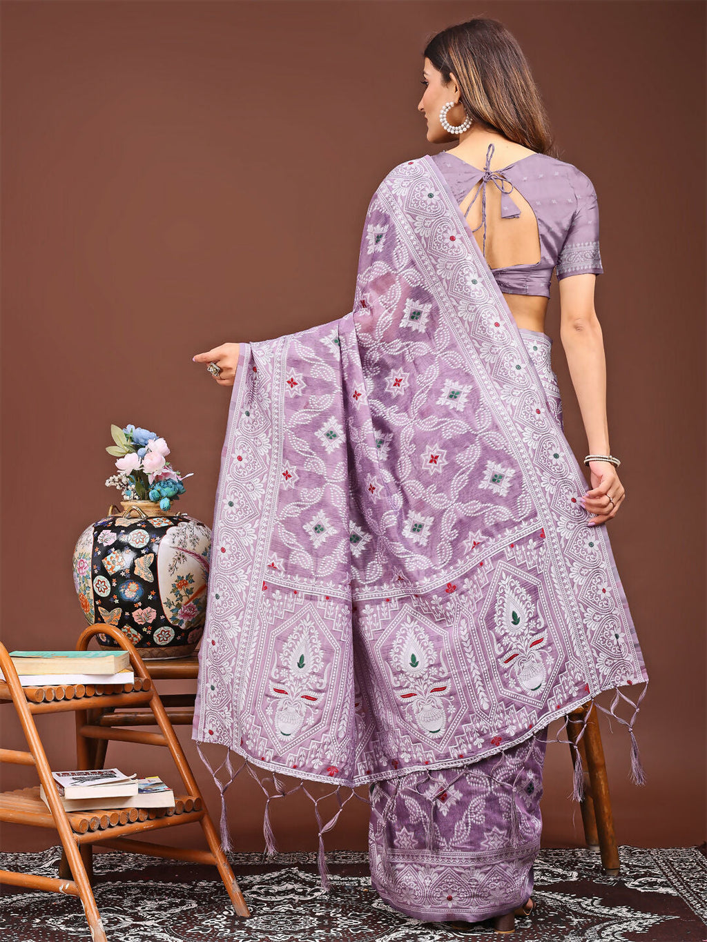 Shree Shyam Fashion Pankhuri Purple Linen Cotton Saree | Grocsy