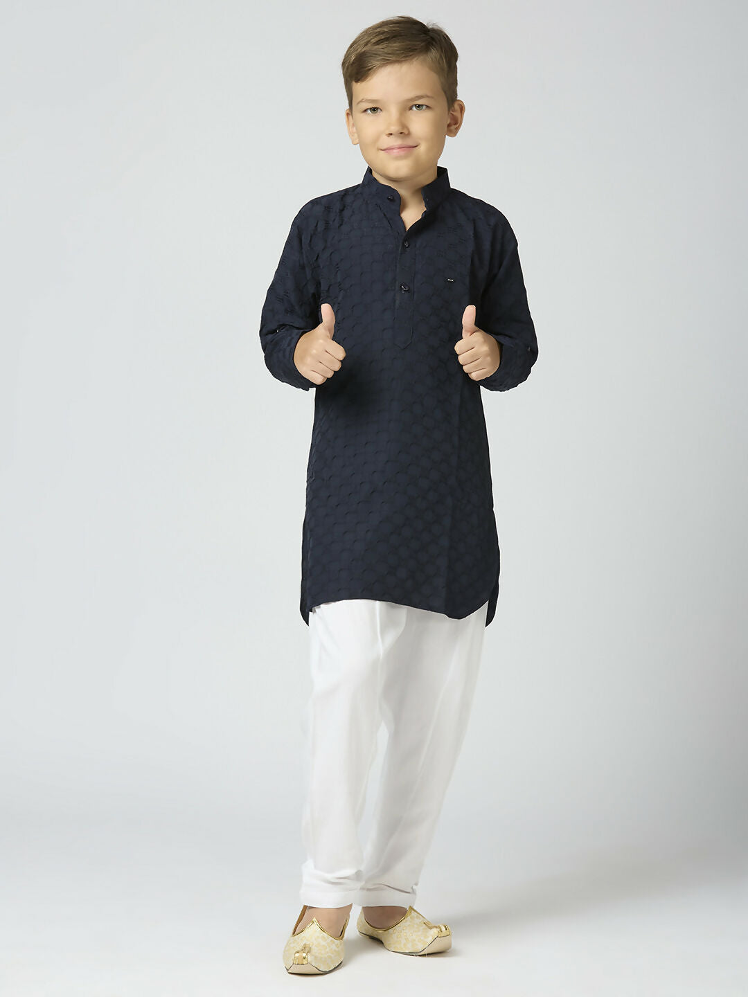 Joban Fashion Kids Island Full Sleeves Texture Cotton Kurta and Pyjama Set - Navy Blue | Grocsy