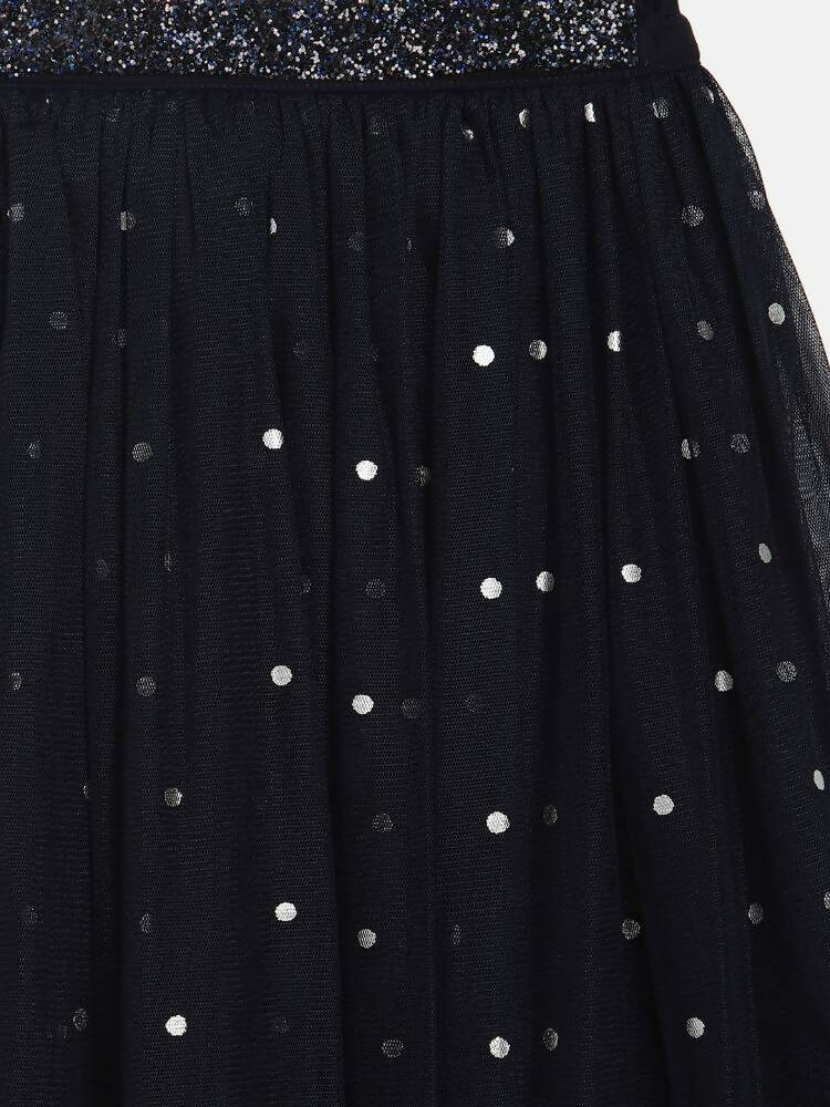 Ahalyaa Navy Blue Net Asymmetric Kids Top With Skirt For Girls | Grocsy