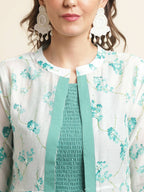 Light Blue Cotton Solid Flared Dress with Printed Shrug - Yukti | Grocsy