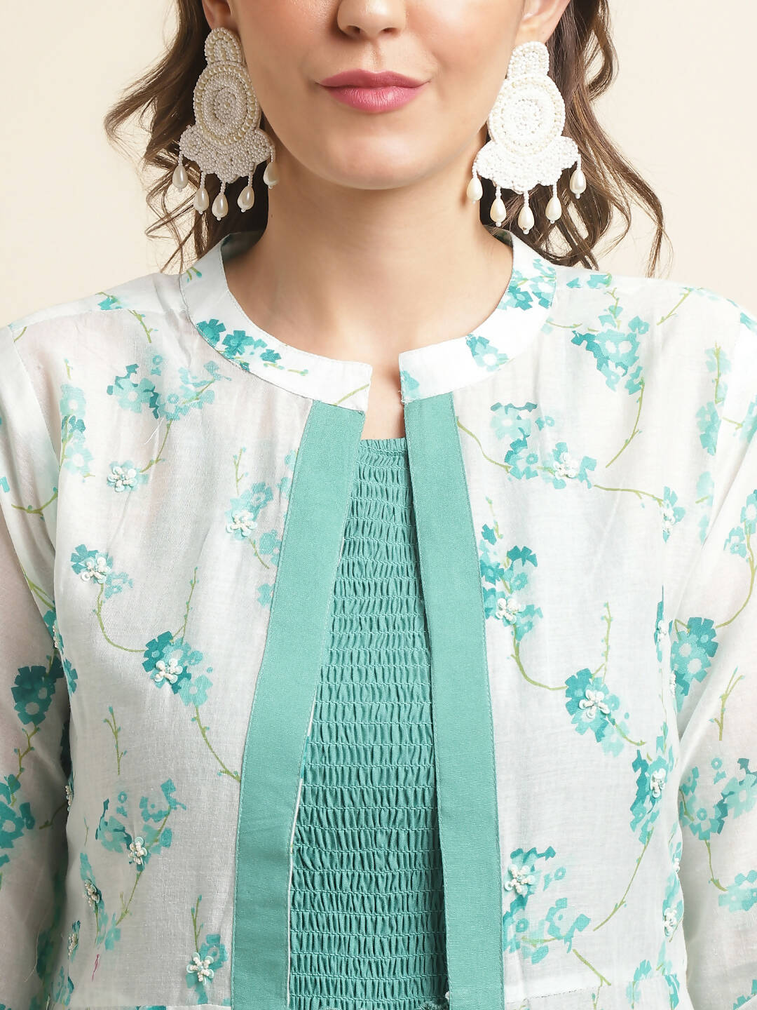 Light Blue Cotton Solid Flared Dress with Printed Shrug - Yukti | Grocsy