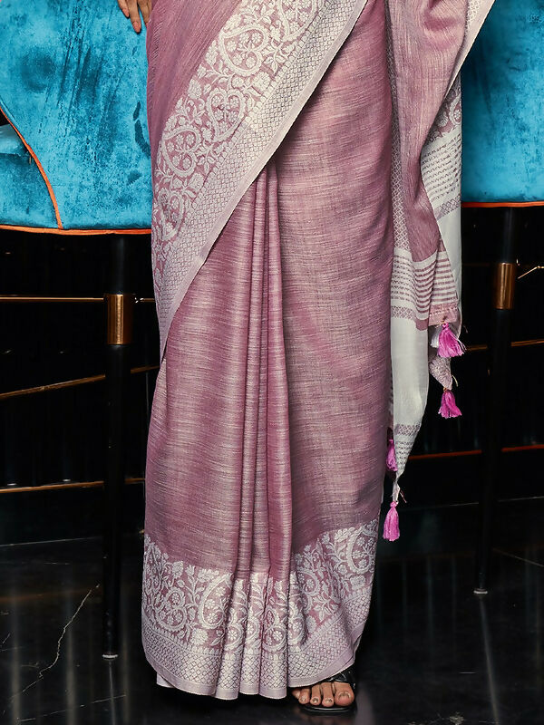 Shree Shyam Fashion Elegant Mauve Woven Linen Saree with Contrast Zari Border & Tassels - Soft & Breathable Party Wear | Grocsy