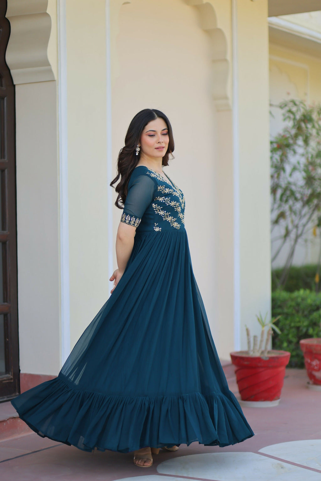Joban Fashion Rama Green Georgette Sequence Embroidery Work Gown | Grocsy