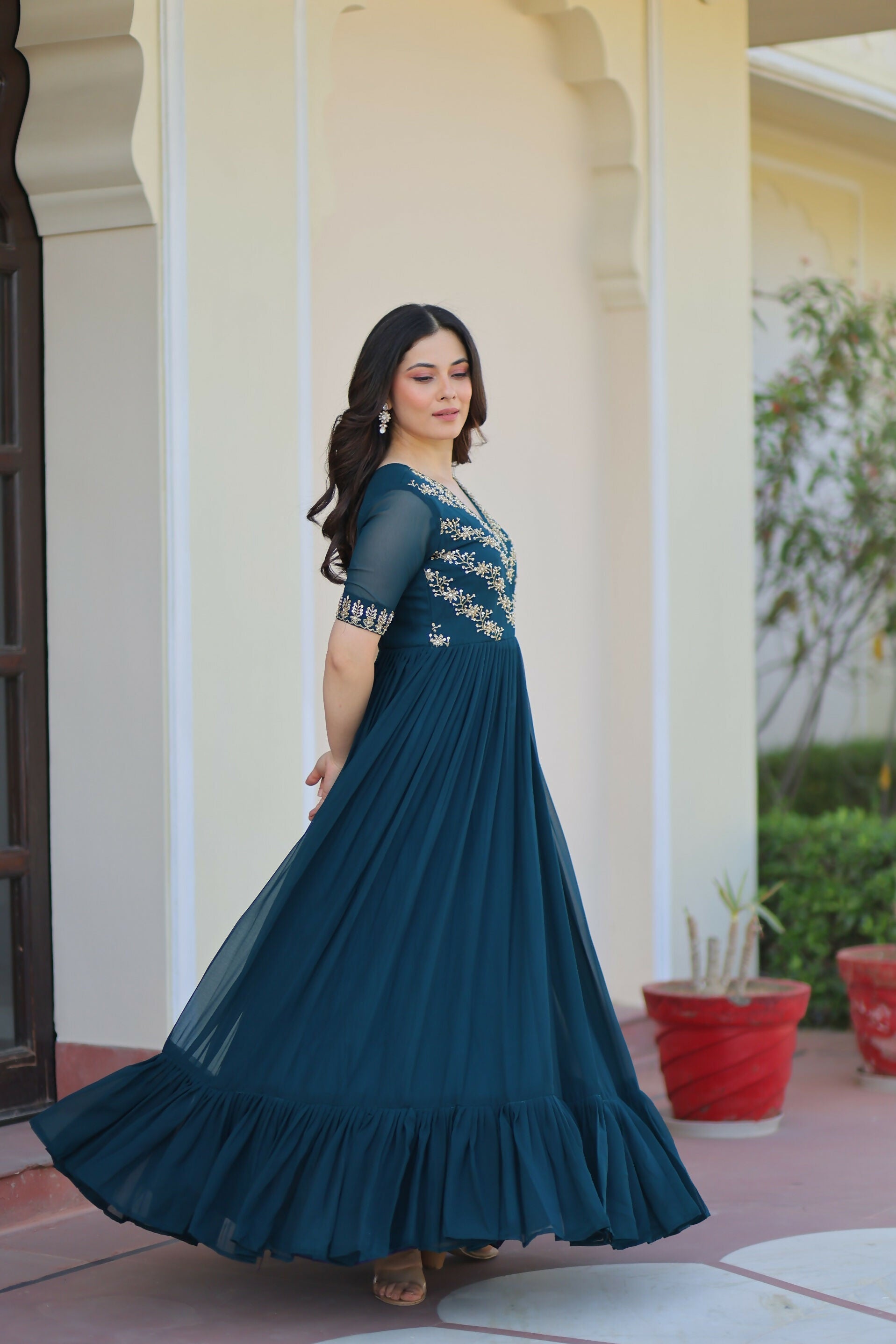 Joban Fashion Rama Green Georgette Sequence Embroidery Work Gown | Grocsy