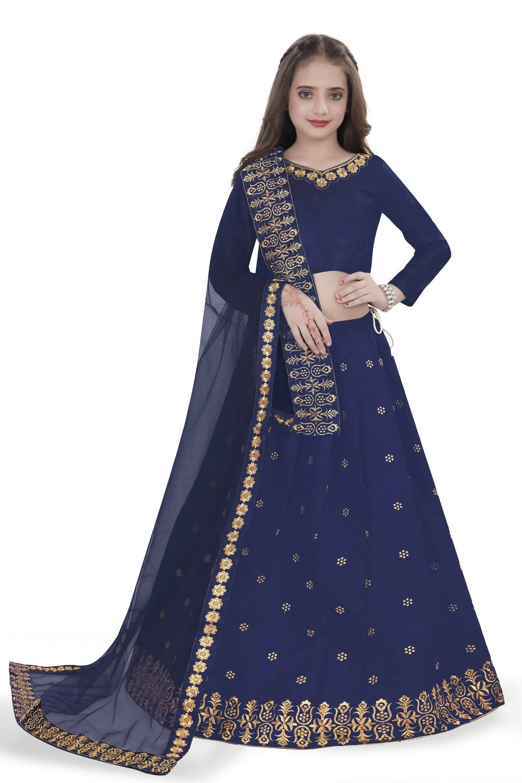 Dwiden Navy Blue Queen Tafetta Sattin Semi-Stitched Girl's Lehenga Choli | Grocsy
