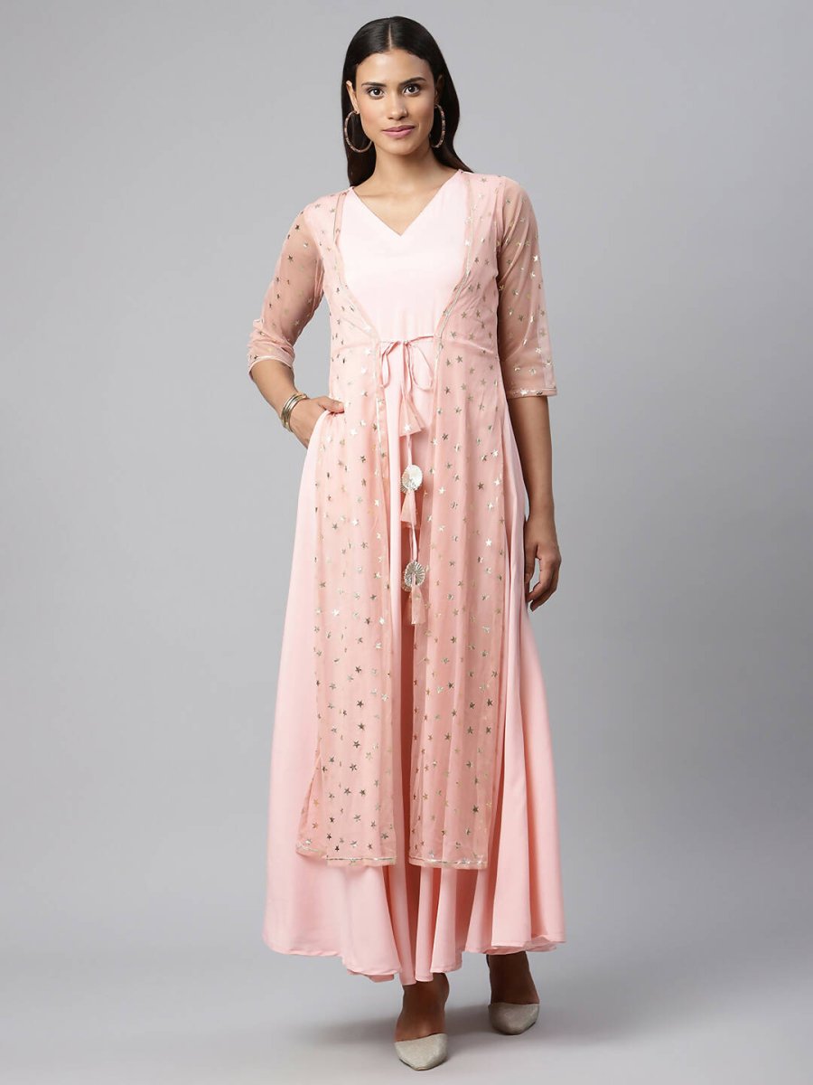 Ahalyaa Women Pink Crepe & Net Foil Print Dress | Grocsy