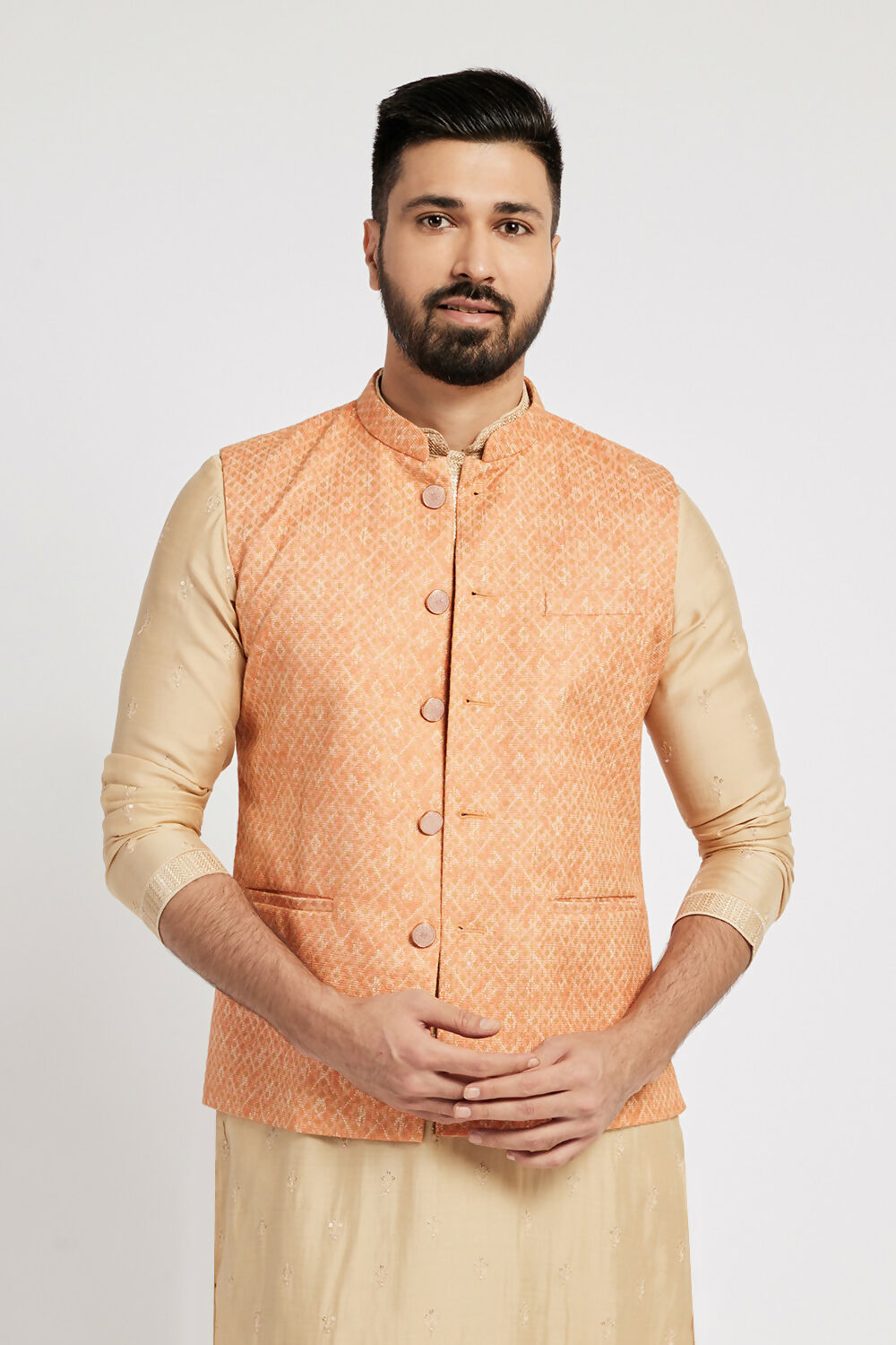 Ethnic India Orange Bundi Men's Jacket Abstract Blended | Grocsy