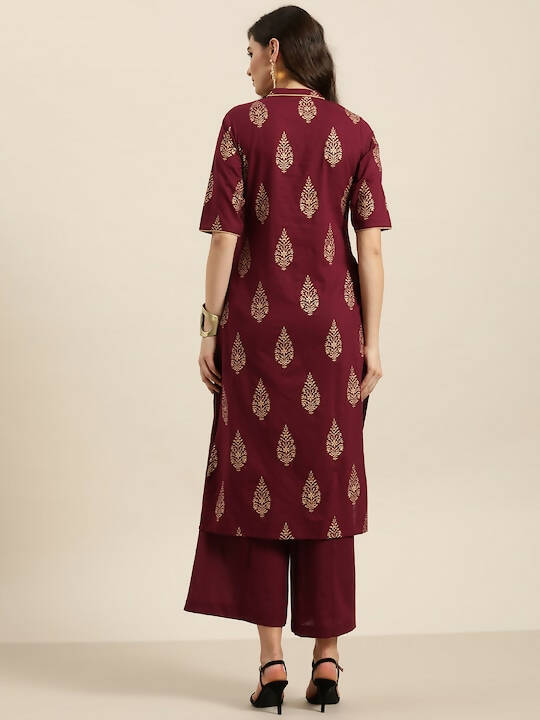 Women Maroon & Golden Pure Cotton Printed Kurta with Palazzos - Vishwa | Grocsy