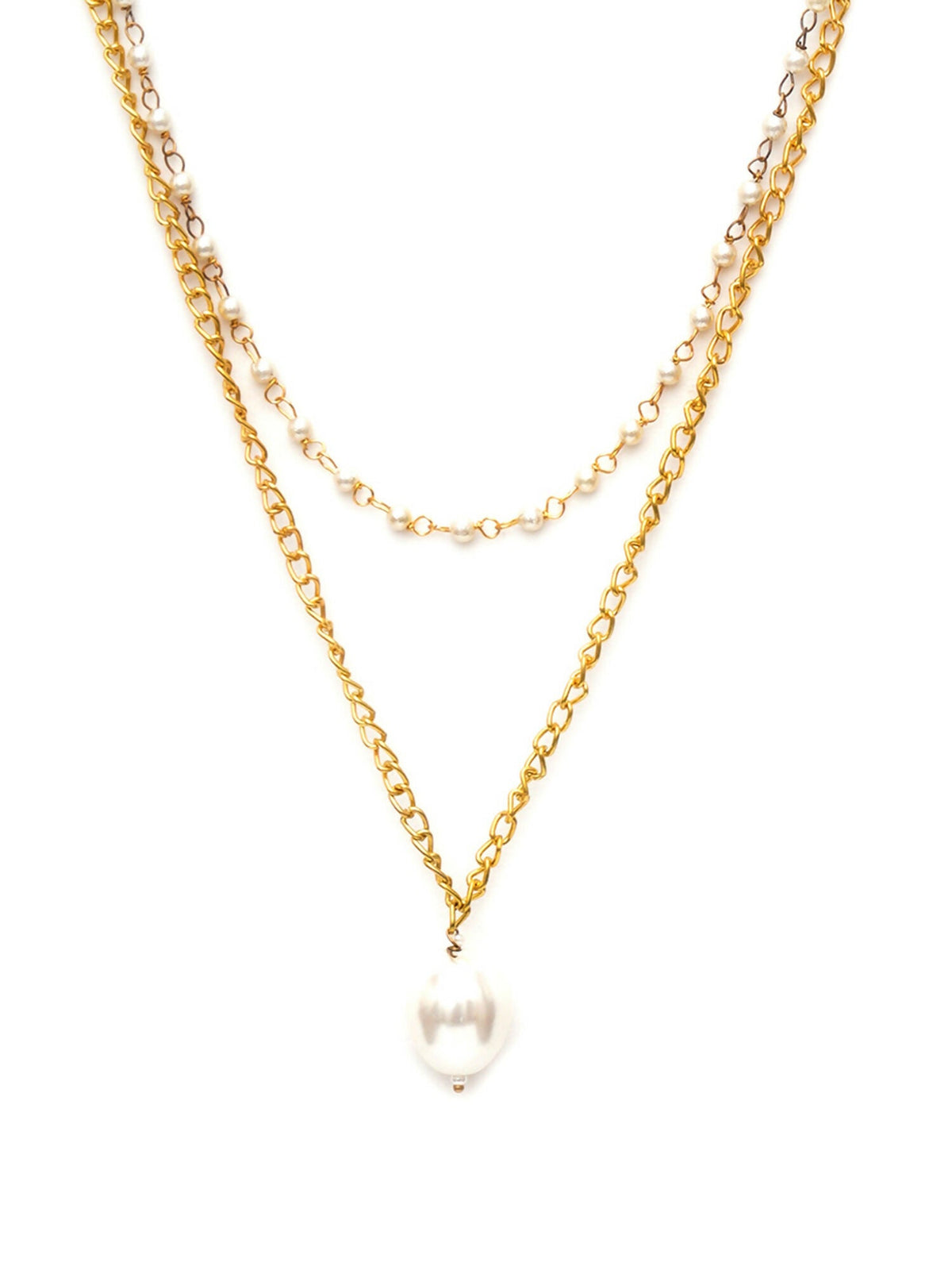 Layered Pearl and Gold Neckpiece with Emeralds (Gold) - Ruby Raang | Grocsy