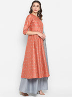 Janasya Women Peach & Grey Floral Print Anarkali Kurta with Palazzos & Dupatta | Grocsy