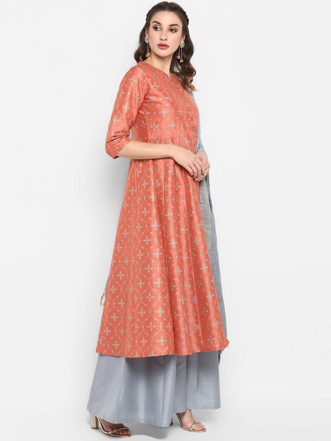 Janasya Women Peach & Grey Floral Print Anarkali Kurta with Palazzos & Dupatta | Grocsy