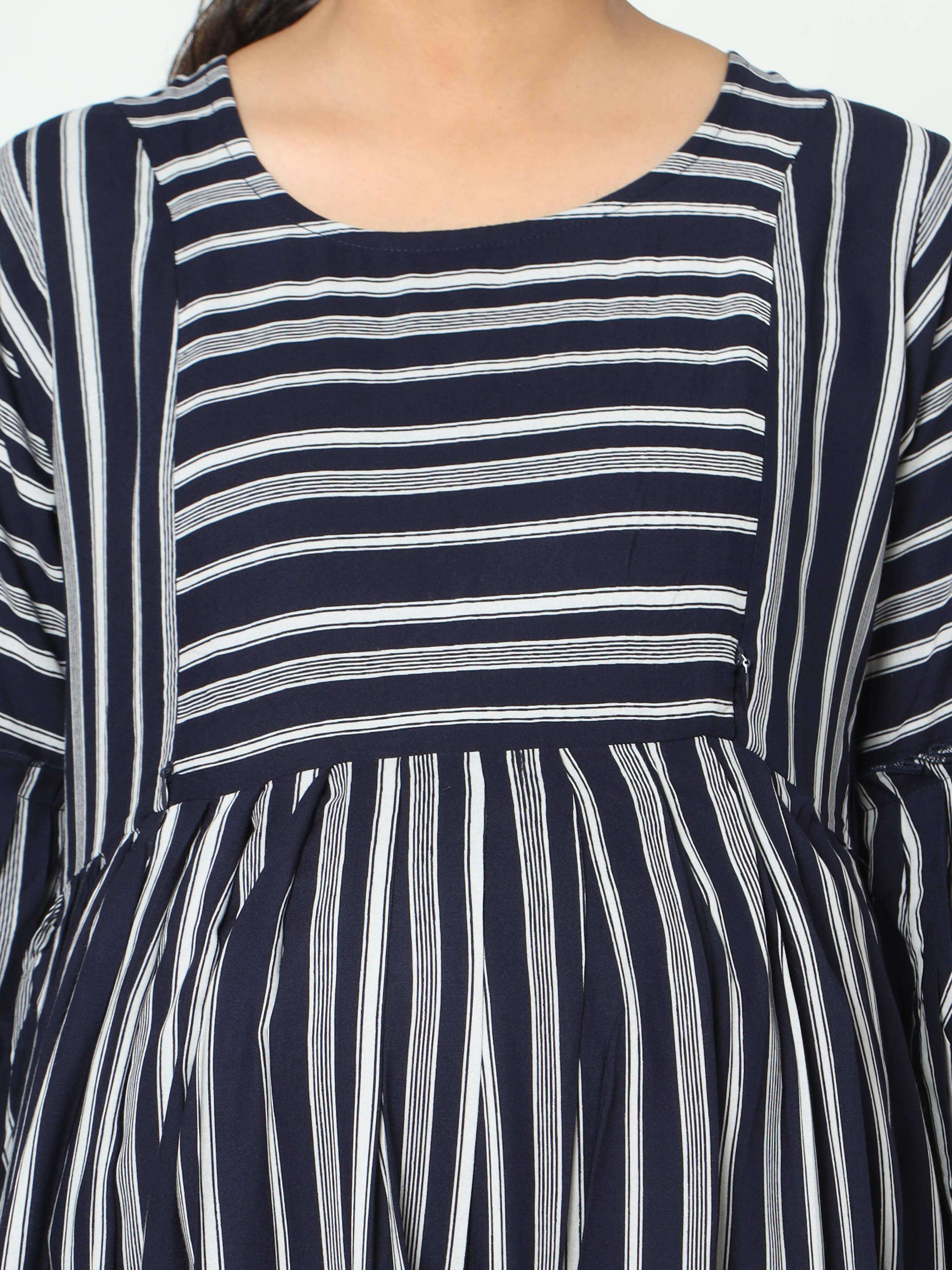 Manet Three Fourth Maternity Dress With Concealed Zipper Nursing Access - Navy Blue | Grocsy