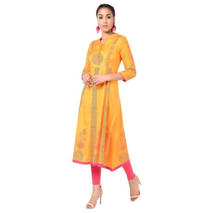 Aniyah Rayon Floral Print Anarkali Kurta In Mustard (AN-164K) | Grocsy