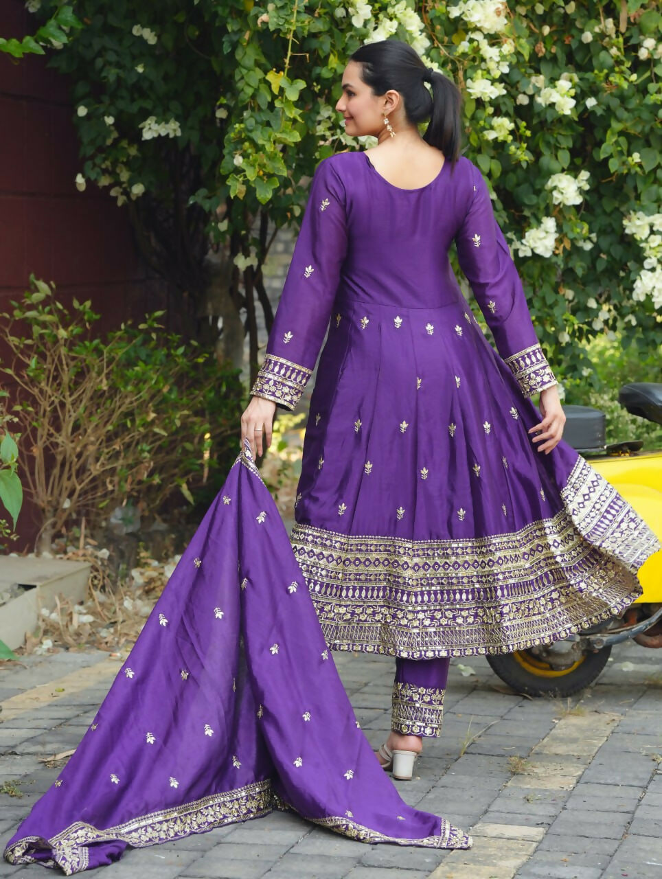 Teeya Creation Purple Color Chinon Silk Embroidery Work Long Gown | Grocsy