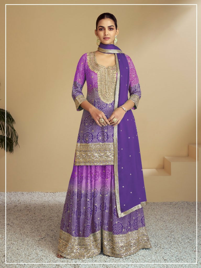 Vastranavya Bandhej Printed Chinon Chiffon Embroidered Sequins Pakistani Suit | Grocsy