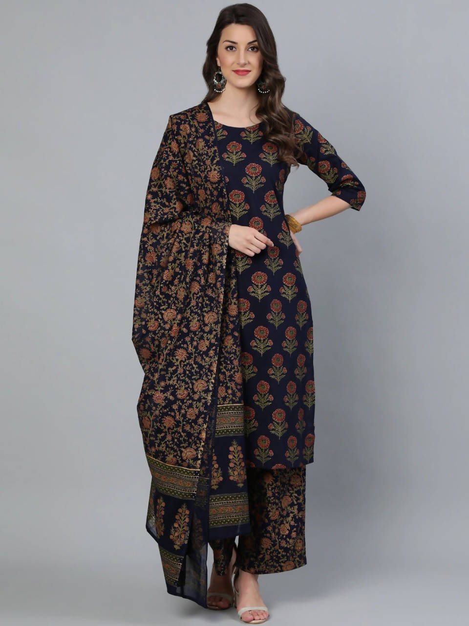 Vamika Printed Rayon Navy Blue Party Wear/Casual Wear Kurta Set/Suit | Grocsy