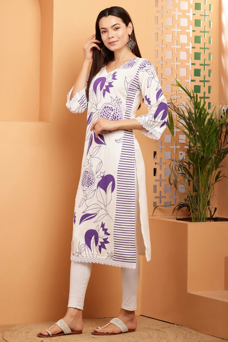 Cheera Women Stylish Hand Block Printed Cotton Blend Flared Kurta - Off White | Grocsy