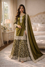 Teeya Creation Mehendi Fendy Satin Heavy Embrodiery Work Wedding Wear Salwar Suit | Grocsy
