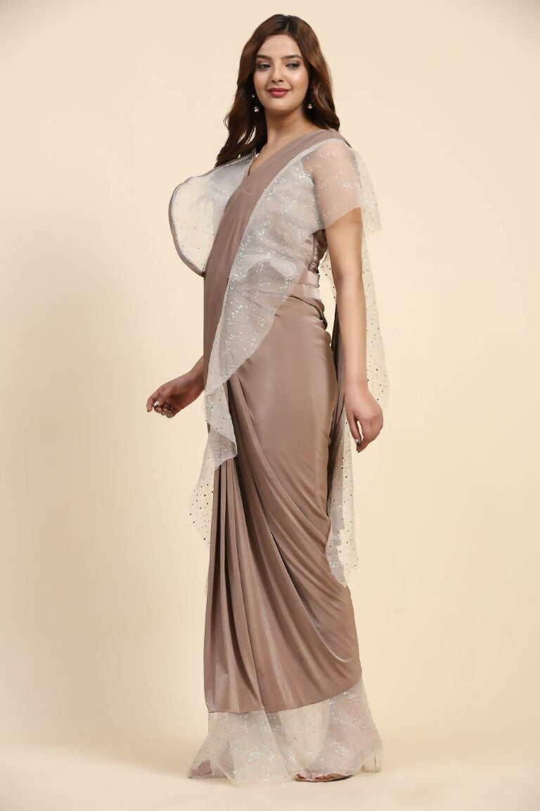 Light Brown Lycra Solid Ready to Wear Saree with stitched Blouse - Nita | Grocsy